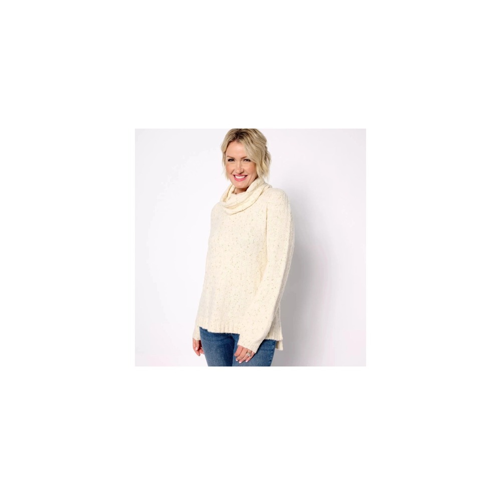 Denim & Co Canyon Retreat Balloon Sleeve Turtleneck Sweater Natural Gold 1X NEW